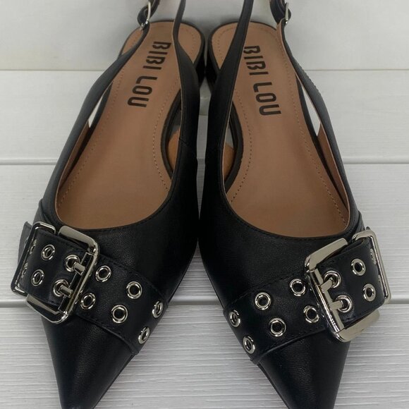 Bibi Lou Moto Slingback Flats 8 Black Leather Buckles - Picture 1 of 8
